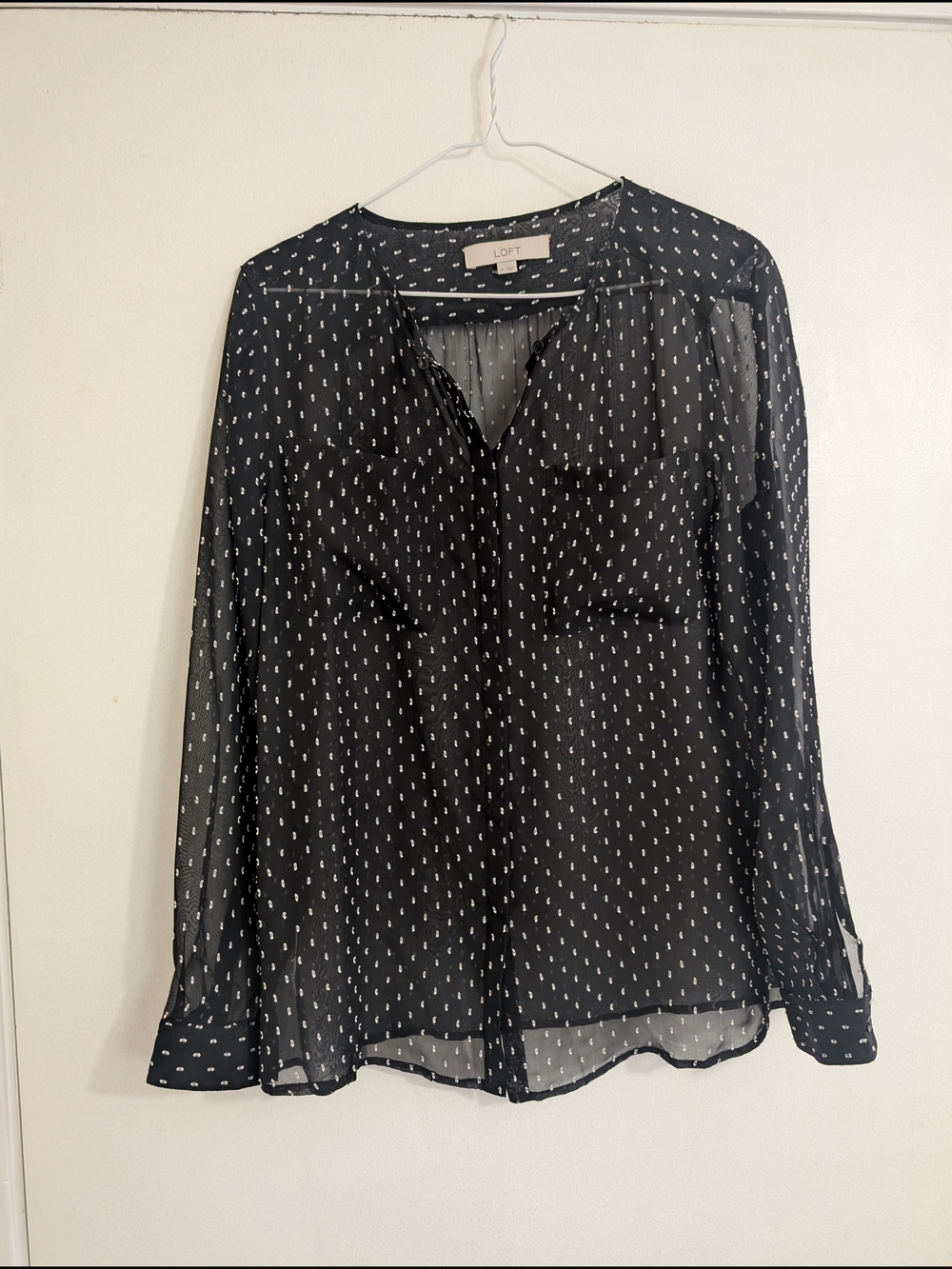 LOFT Black Sheer Dot-Print V-Neck Blouse